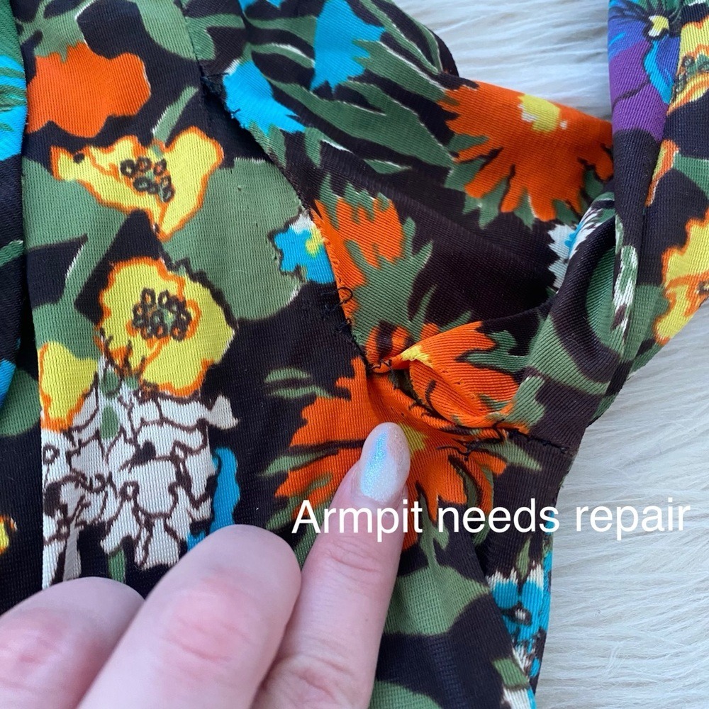 Vintage 70s Retro Dark Floral Button Front Long Sleeve Mini Dress Orange Blue - Picture 13 of 16